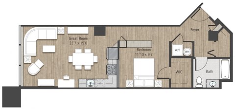Floor plan for 1 bed, 1 bath, 805 sqft